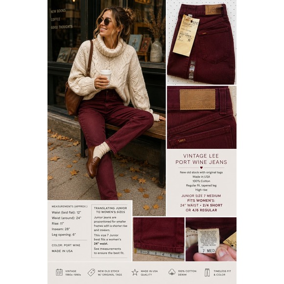 Lee Denim - Vintage Lee USA Jeans Womens 2 24 Waist Port Wine Burgundy High Rise Tapered NWT